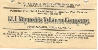 1922 R.  J.  Reynolds Tobacco Co.  Winston Salem,  Nc.  Price List