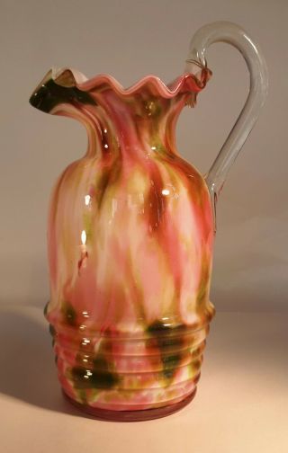 Vintage (murano) Hand - Blown Glass Jug/ Vase.  Pink & Green Ripple.  Frilled Rim