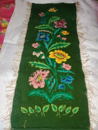 Vintage Hand Embroidered Crewel Floral Linen Vanity Dresser Table Runner