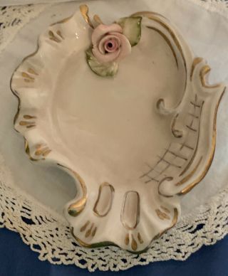 Vintage Ashtray White Porcelain Gold Accents Pink Applied Rose Leaf Number Signe