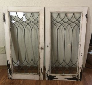 Set Antique Victorian 1900’s Wood W/leaded Glass Cabinet Doors Salvage Vintage