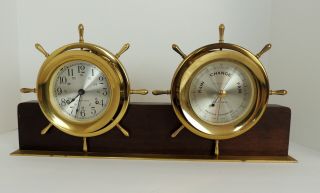 Antique Seth Thomas Helmsman Clock Barometer Wood & Brass Mantle German Movement