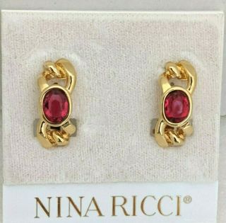 Mm.  Vintage " Nina Ricci " Gold Tone Hoop Clip Earrings With Ruby Crystal Signed