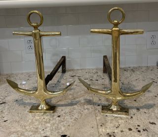 Antique/vintage Solid Brass Nautical Anchor Fireplace Andirons 17 - 1/4 " Tall