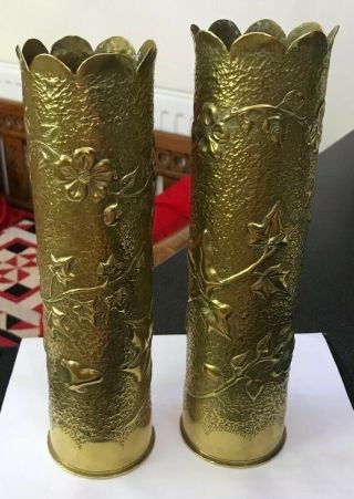 Antique Ww1 Pair Trench Art Brass Shell Cases / Vases Ivy Butterfly Decoration