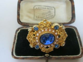 Vintage Blue Sapphire Glass Clear Crystal Gold Tone Brooch Collar Pin
