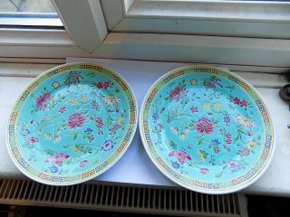 2 X Vintage Chinese Porcelain Plates Hand Painted Flowers 20.  5 Cm Base Marks Pr2