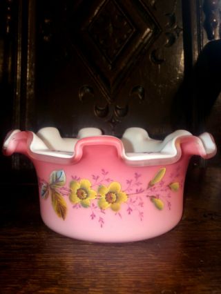 Antique Victorian Mt Washington Pink Satin Cased Glass Brides Bowl Hand Painted