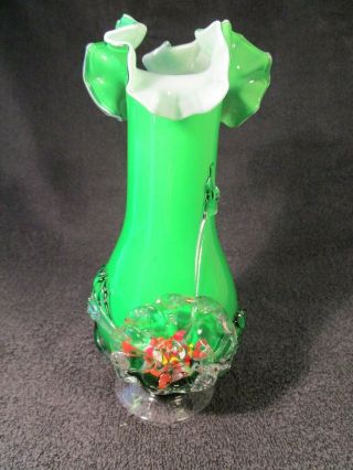 Vintage Retro Murano Style Green / White Glass Vase Hand Made Art Glass.