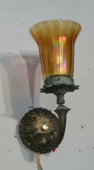 Antique Vintage Art Deco Bronze Sconce Carnival Glass Shade Rewired 2