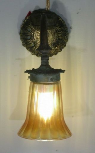 Antique Vintage Art Deco Bronze Sconce Carnival Glass Shade Rewired 3