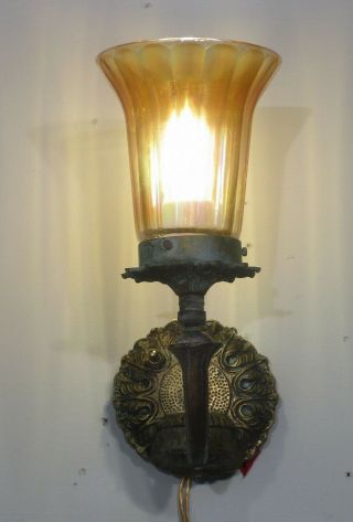 Antique Vintage Art Deco Bronze Sconce Carnival Glass Shade Rewired 4