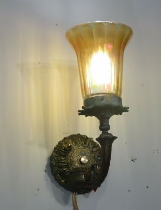 Antique Vintage Art Deco Bronze Sconce Carnival Glass Shade Rewired 5