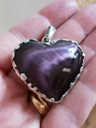 Gorgeous Large Vintage Sterling Silver Amethyst Satin Glass Heart Pendant