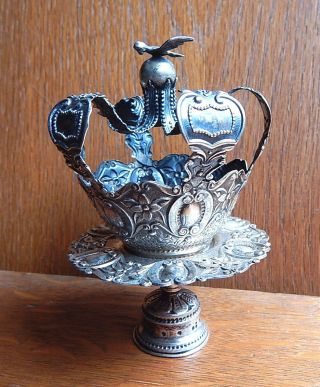 Antique 19th Century Portuguese Holy Spirit Santo 833 Silver Dove Crown & Stand