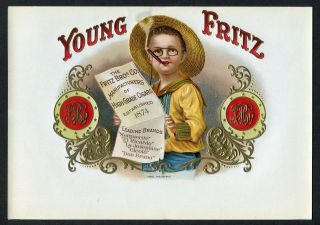 Old Young Fritz Cigar Label - Boy,  Straw Hat,  Cigar,  Paper,  Gold Trim
