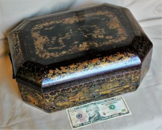 Chinese Export Black Lacquer And Gilded Octagonal Sewing Box C.  1840