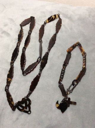 Antique Victorian Faux Tortoiseshell Necklace Chain Bracelet Faith Hope Charity