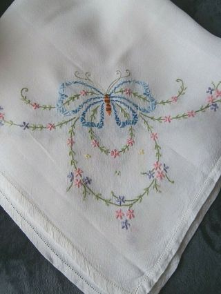 Vintage White Cotton Tablecloth Floral Embroidery Butterflies 34 " X 30 "