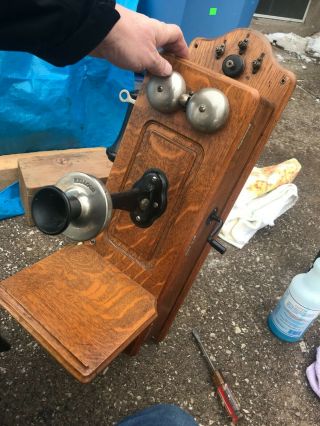 Old Antique Vintage Tiger Oak Case Kellogg Hand Crank Wall Telephone