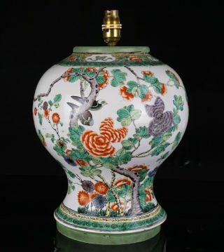 Large Antique Chinese Famille Verte Porcelain Kangxi Style Vase Lamp Qing