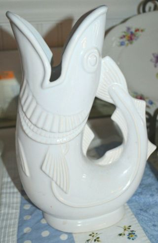 Vtg Shreve Crump & Low Fish Pitcher Vase Glug Jug Gurgling White Flaw
