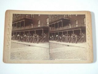Antique Stereoview Card Rochester Ny Bicycle Club Brackett House High Wheel