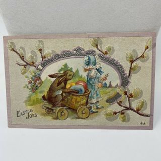 Vintage Easter Joys Postcard 1911 Bunny Rabbit Colorful Eggs Antique