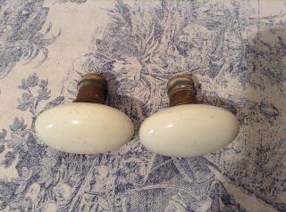 Pair Vintage French Ceramic Door Knobs - Handles - Reclaimed Salvaged (2662)