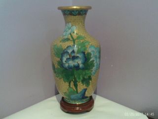 Fabulous Vintage Chinese Cloisonne On Brass Flowers & Bird Des Vase 21 Cms Tall