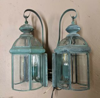 Pair Vintage 2 - Light Brass Outdoor Wall Sconce Light Fixtures Verdigris Patina