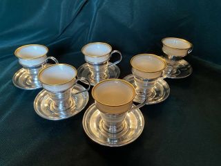 Set Of 6 Sterling Silver Demitasse Cup Holders And Saucers With Lenox Cups