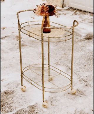 Mcm Vintage Brass Glass Bar Cart Trolley Hollywood Regency 2 Tier Oval Euc