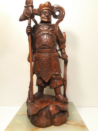 Large Antique Chinese Carved Wooden Warrior In Hardwood,  Circa Late 19th C