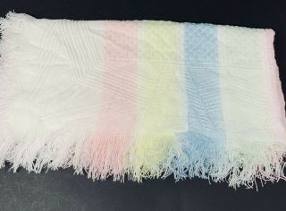 Vintage Open Weave Baby Blanket White Pastel Woven Fringe 100 Acrylic Usa 37840