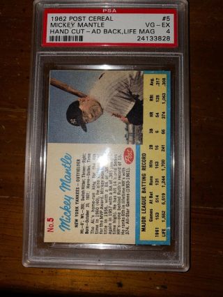 1962 Post Cereal Mickey Mantle Psa 4