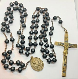 † 7 - Decade Antique Habit Black Gutta - Percha Beads Rosary - Franciscan Crown †