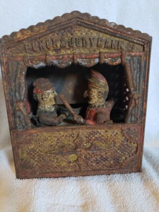 19thc Antique Punch And Judy Cast Iron Mechanical Bank,  Shepard Hardware Co,