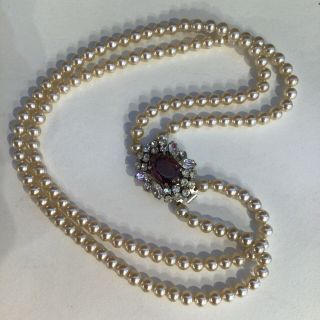 Vintage Double Strand Faux Pearl Necklace With Stone & Diamante Clasp