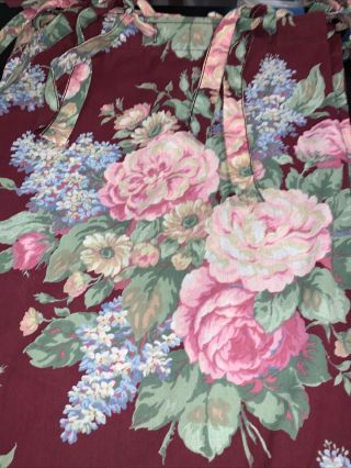 Vtg.  Fabric Shower Curtain Pink Floral On Maroon Hook Holes/ties Shabby Chic Euc