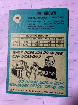 1964 Philadelphia 30 Jim Brown Browns Ready to be Graded,  EXCEPTIONAL card 2
