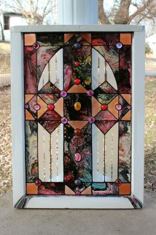 Effervescent Stained Glass Vintage 1910 Window,  Hand Painted,  One Of A Kind Art