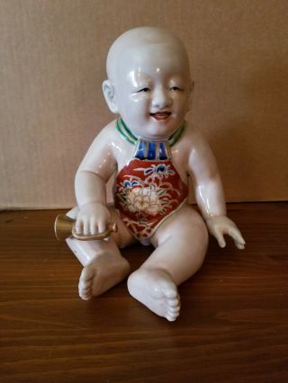 Vintage Famille Verte Chinese Porcelain Figure Of A Seated Child