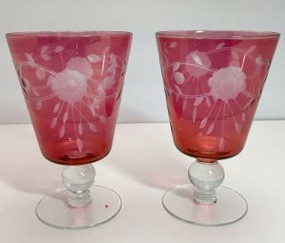 Set Of 2 Vintage Estate Cranberry Cut To Clear Goblets