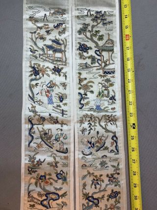 2 Chinese Embroidered Silk Sleeve Robe Band Panels Figures Landscape Flowers.