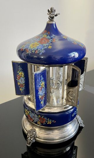 Vintage Antique Reuge Blue Carousel Music Box Cigarette Or Lipstick Holder