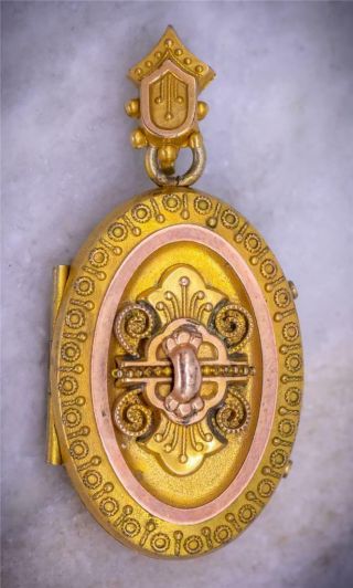 Antique 1870s Victorian Ornate Gold Fillled Enamel Photo Locket Mourning Pendant