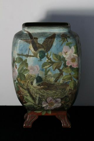Antique French ? Painted Birds Terra Cotta Art Pottery Vase