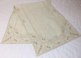 Vintage Dresser Scarf,  Linen,  Embroidered Scrolls & Dots,  Cut Work,  Beige