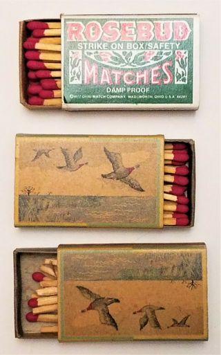 3 Antique Match Boxes 1920/cardboard Match Holders Duck Hunting/rosebud/vintage